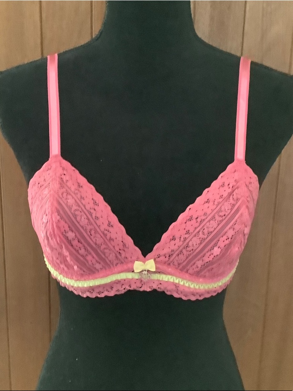 Adorable Pink Lace Bra with Green Ribbon trim
